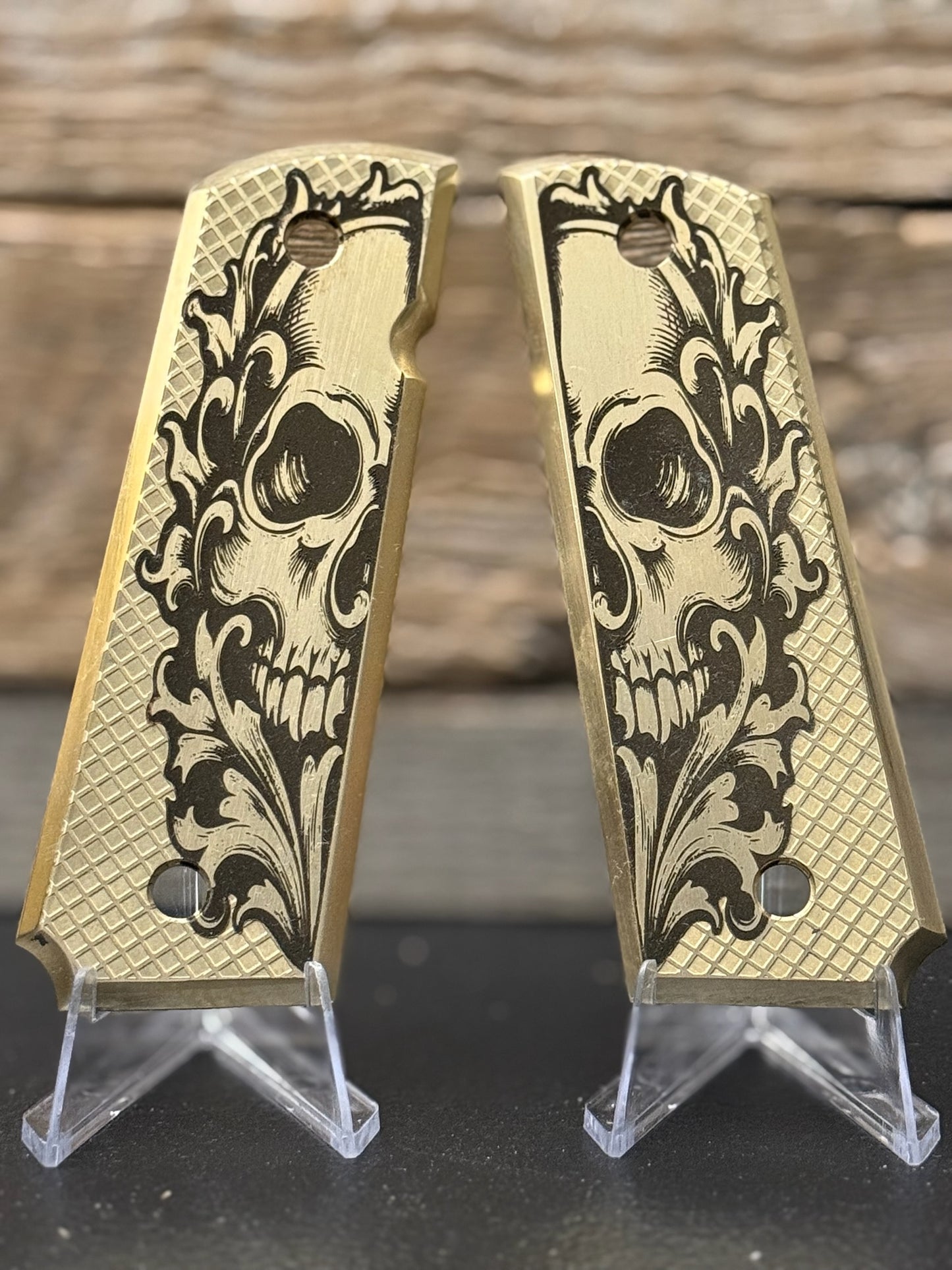 Custom Engraved Brass 1911 Skull Grips – Fearless Precision