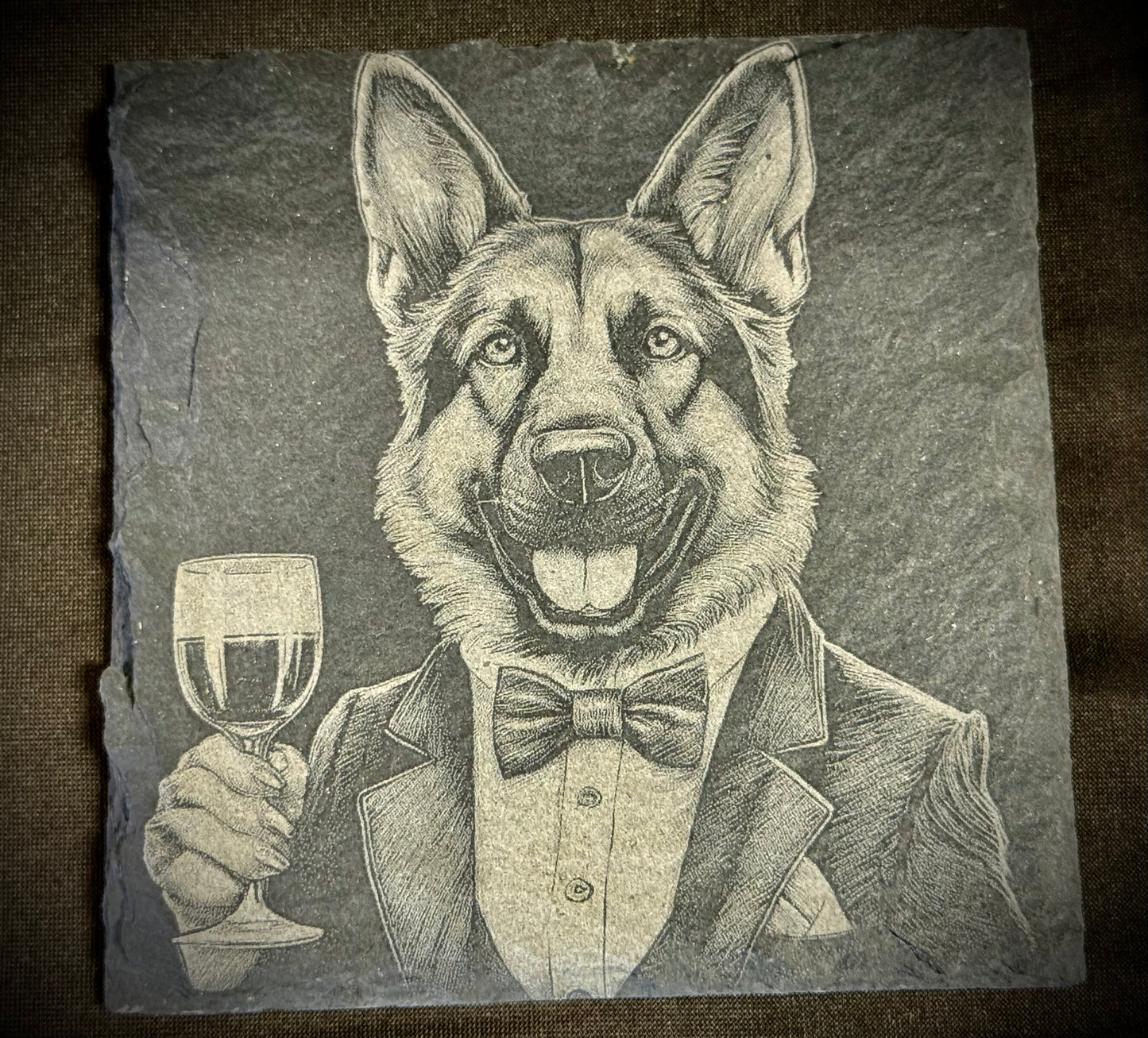Dapper German Shepherd Slate Coaster – Engraved Stone Art