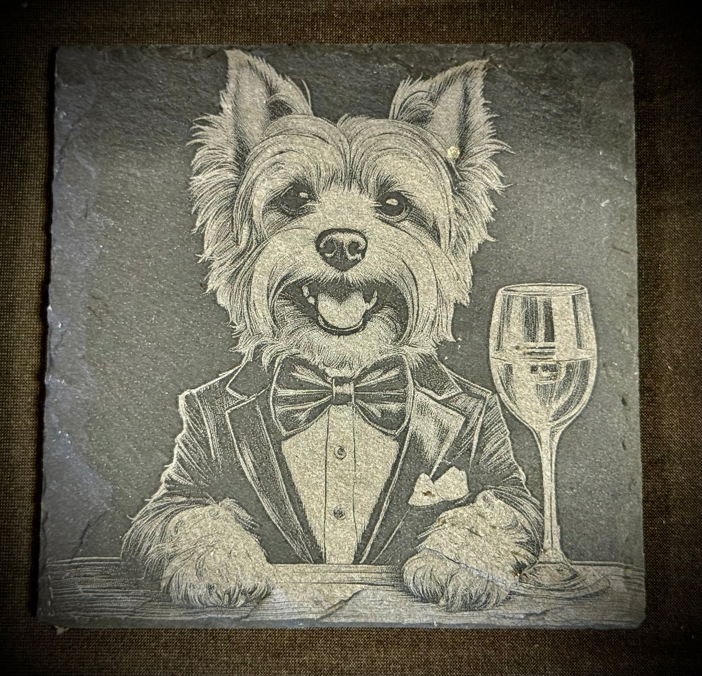 Dapper Yorkie Slate Coaster – Engraved Stone Art