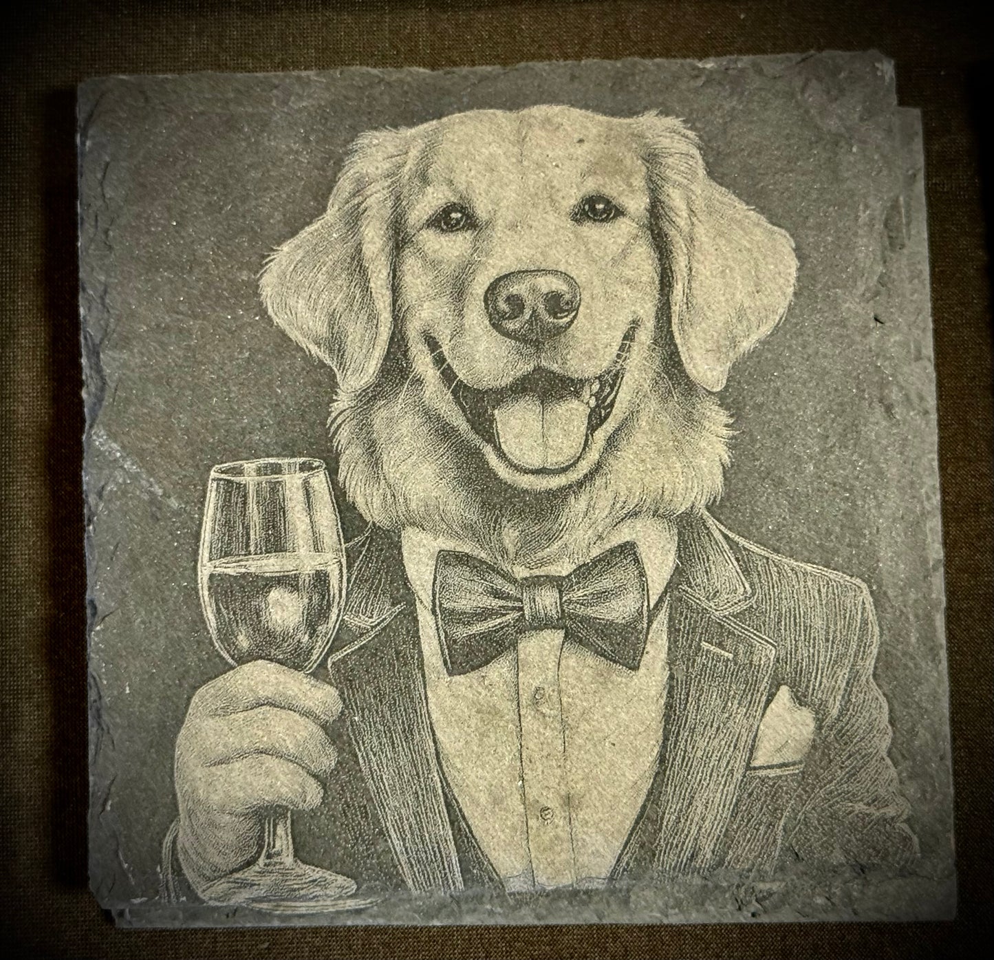 Dapper Golden Retriever Slate Coaster – Engraved Stone Art