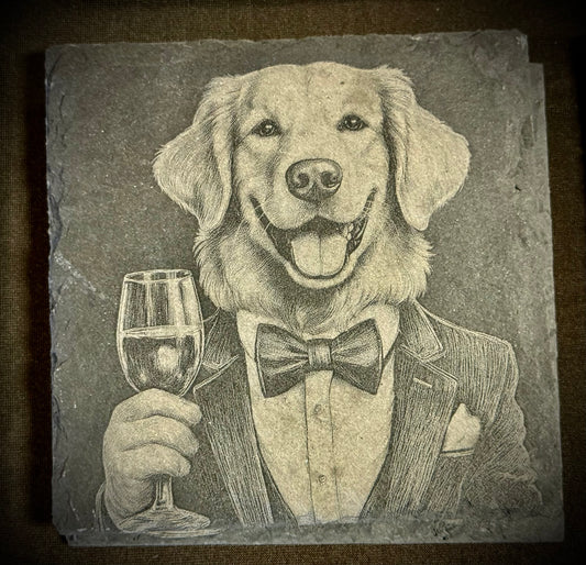 Dapper Golden Retriever Slate Coaster – Engraved Stone Art