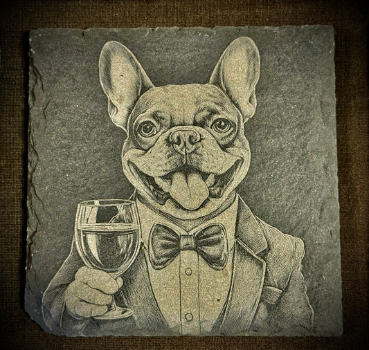 Dapper Frenchie Slate Coaster – Engraved Stone Art