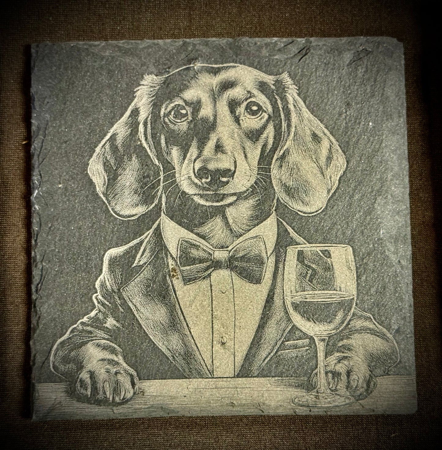 Dapper Dachshund Slate Coaster – Engraved Stone Art