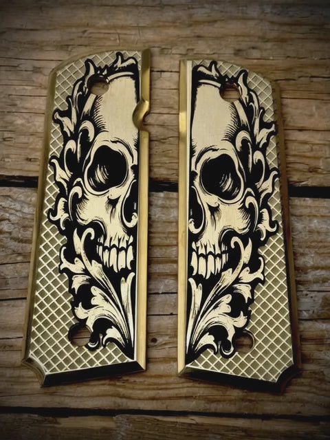 Custom Engraved Brass 1911 Skull Grips – Fearless Precision