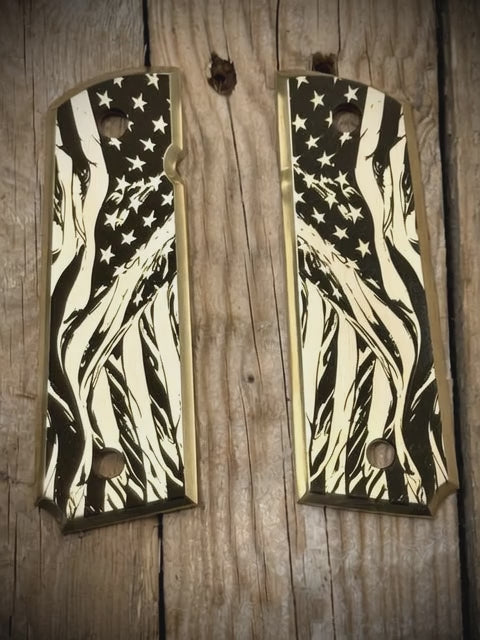 Custom Engraved Brass 1911 American Flag Grips – Stars, Stripes, Freedom